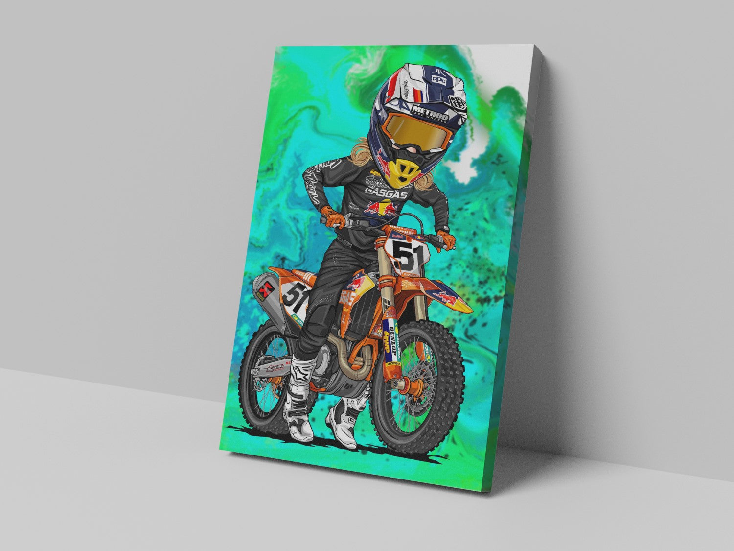A canvas print featuring a colorful illustration of a motocross rider in action on the bike, with predominantly green and blue hues in the background.
