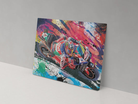 A canvas print featuring a colorful, abstract representation of a motorcycle.
