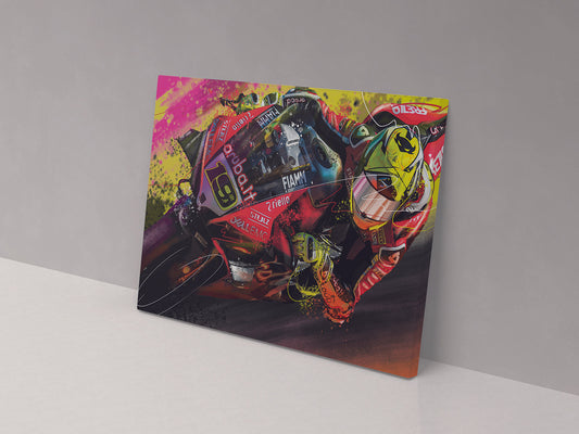 Álvaro Bautista number 19 Ducati WorldSBK artwork displayed on a 14 × 20 inch canvas.