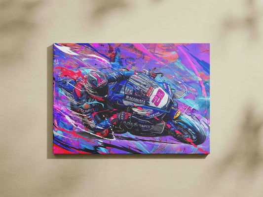 Bradley Ray racing the number 28 Yamaha in vivid blue and pink BSB canvas artwork.
