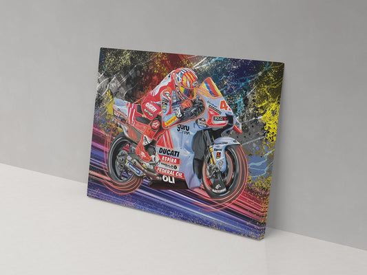 A canvas print featuring a colorful illustration of a motorcycle racer on a racing bike.