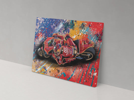 A canvas print featuring a colorful artistic depiction of a motorcycle with abstract patterns in the background.