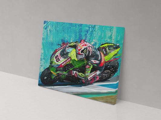 Jonathan Rea number 65 Kawasaki WorldSBK artwork displayed on a 14 × 20 inch canvas.