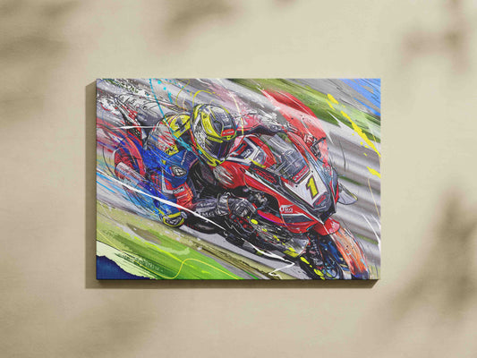 Kyle Ryde racing the number 1 Yamaha in colourful British Superbike canvas artwork.