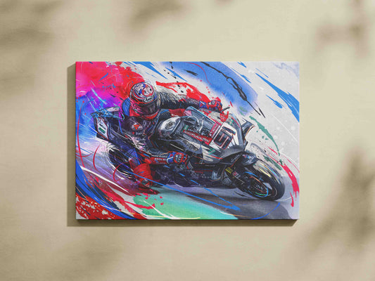 Leon Haslam riding the number 91 Ducati in red and blue BSB canvas artwork.