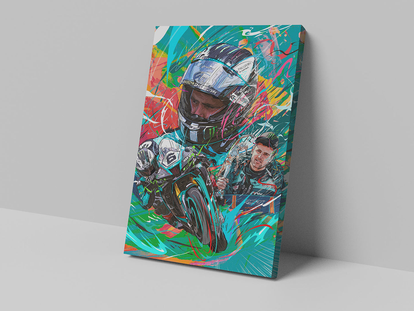 A canvas print featuring a colorful and dynamic illustration of a motorcycle racer in action.