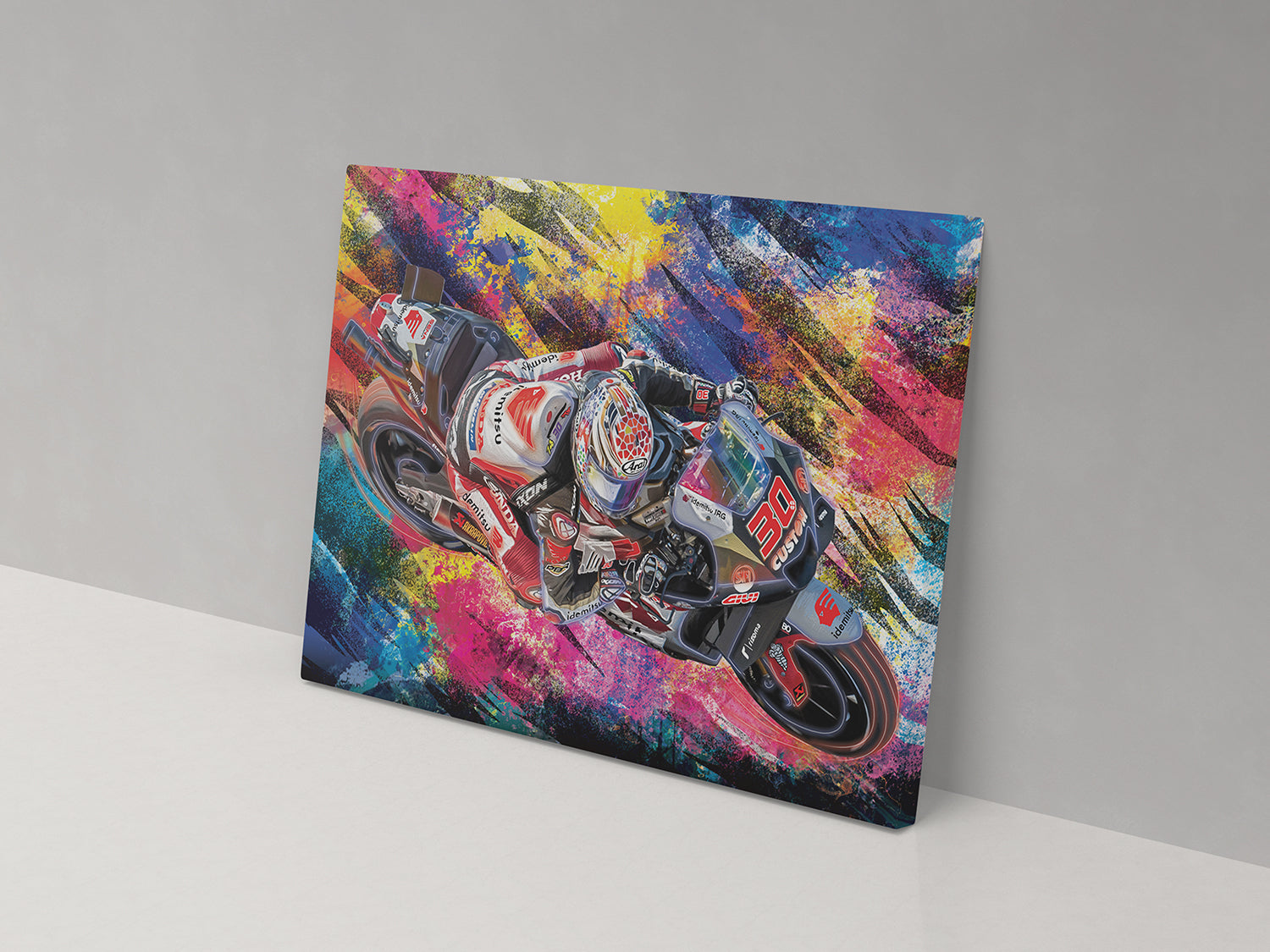 A canvas print featuring an abstract, multicolored depiction of a motorcycle.