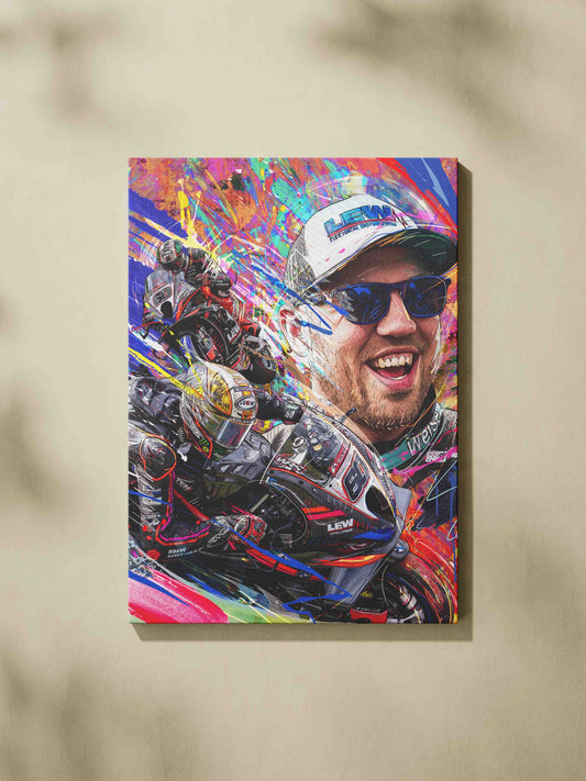 Peter Hickman portrait and number 60 BMW racing montage on a colourful canvas print.