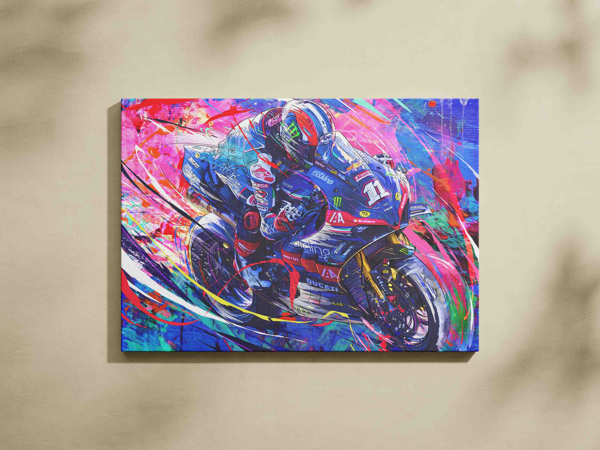 Rory Skinner riding the number 11 Ducati in vibrant blue and pink BSB artwork.