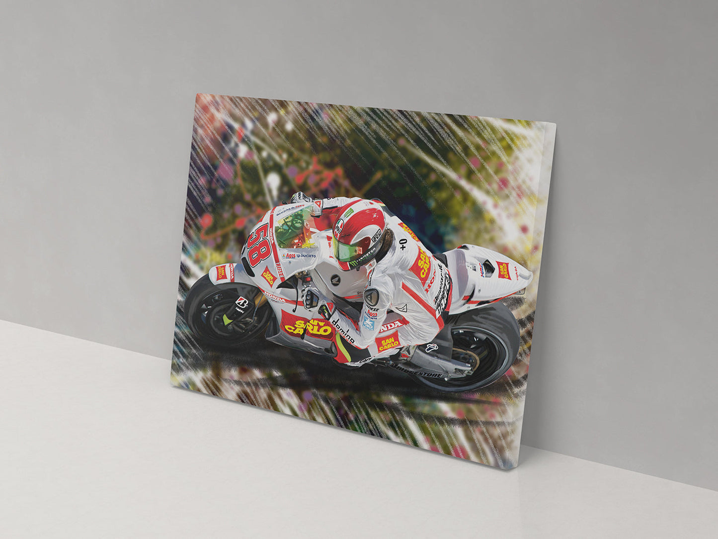 A canvas print featuring a colorful image of a motorcycle with racing livery, leaning into a curve.