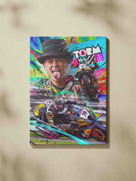 Storm Stacey portrait and number 79 BMW racing montage on a colourful canvas print.