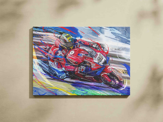 Tommy Bridewell racing the number 46 Honda in red, blue and white BSB artwork.